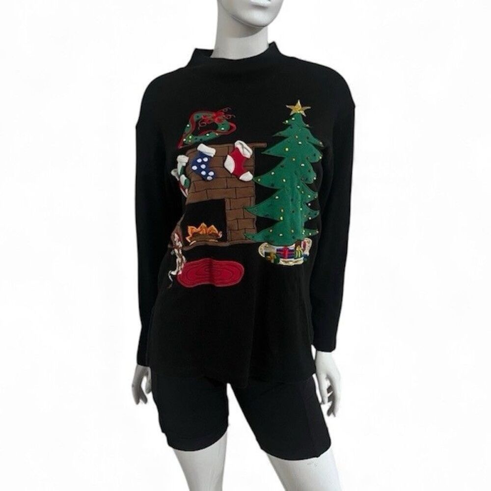 Vintage Bechamel Embroidered 3D Ugly Christmas Sweater Shirt Cat by Fire Size S